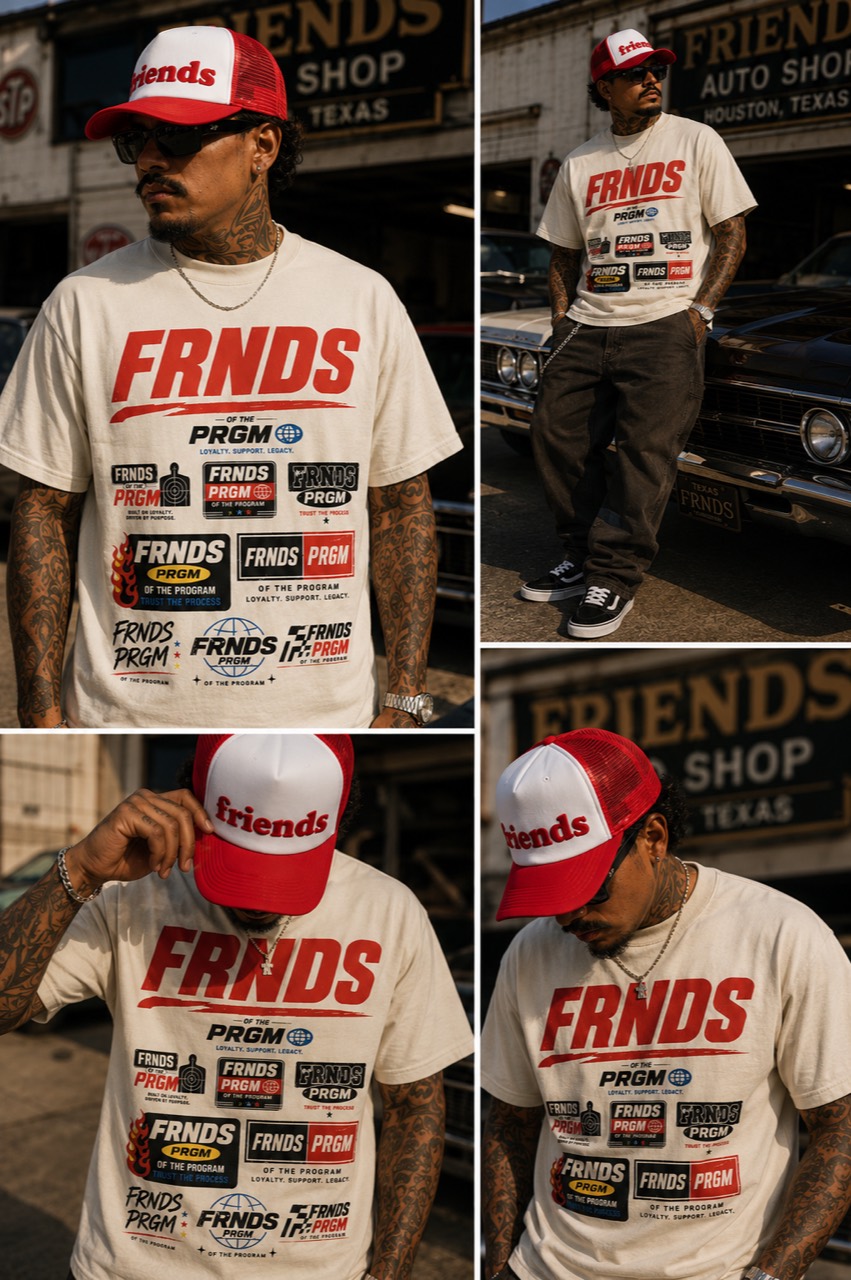 Model wearing the red and white Friends trucker hat in front of the auto shop