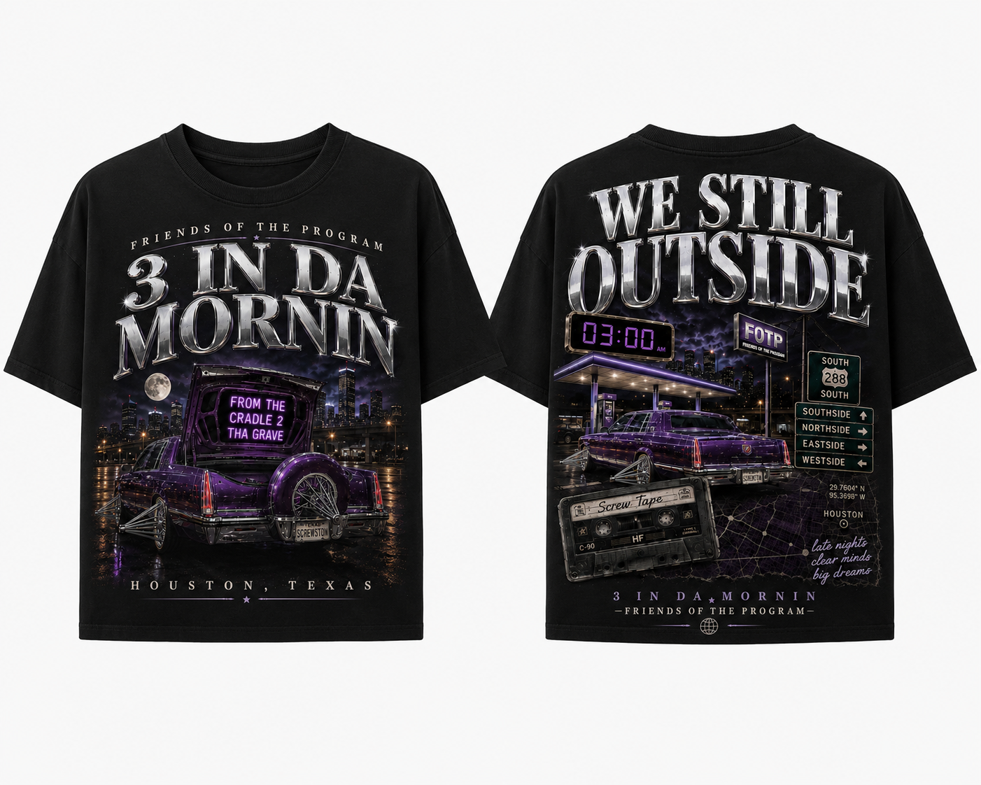 Black 3 In Da Mornin drop shoulder tee mockup