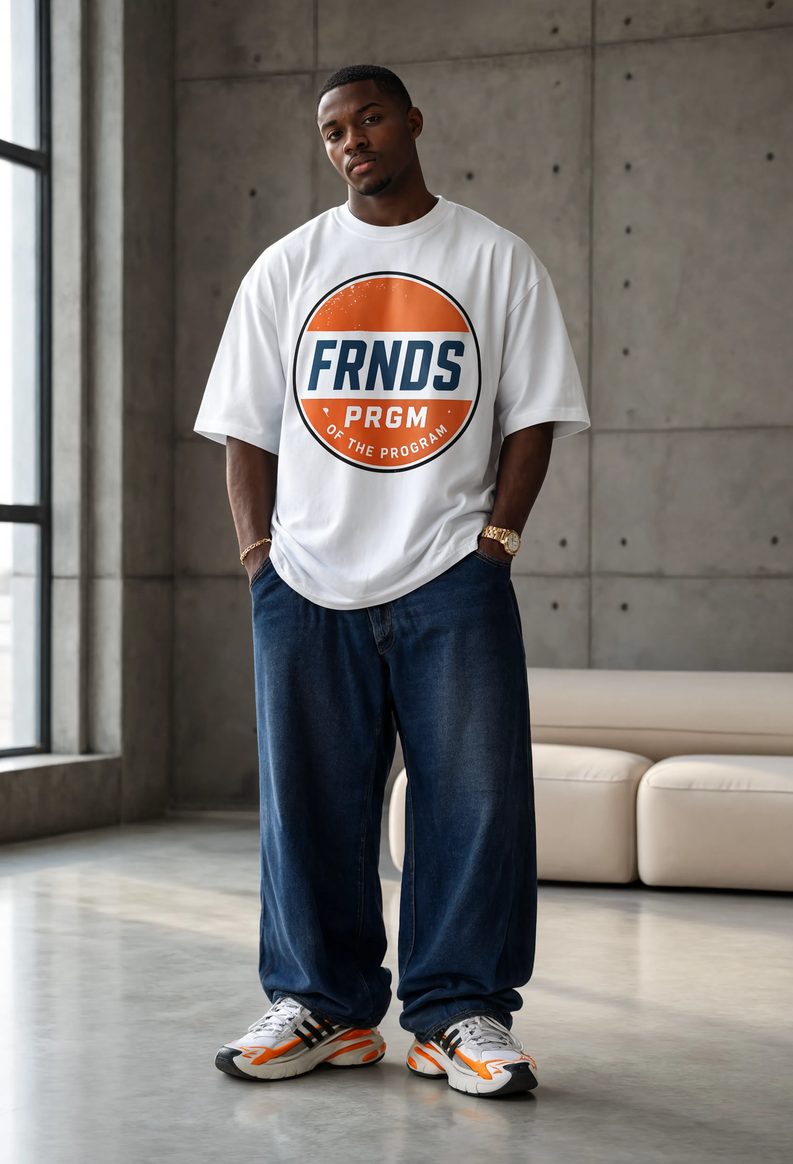 Model wearing the white FRNDS PRGM circle tee in a clean studio lookbook setting