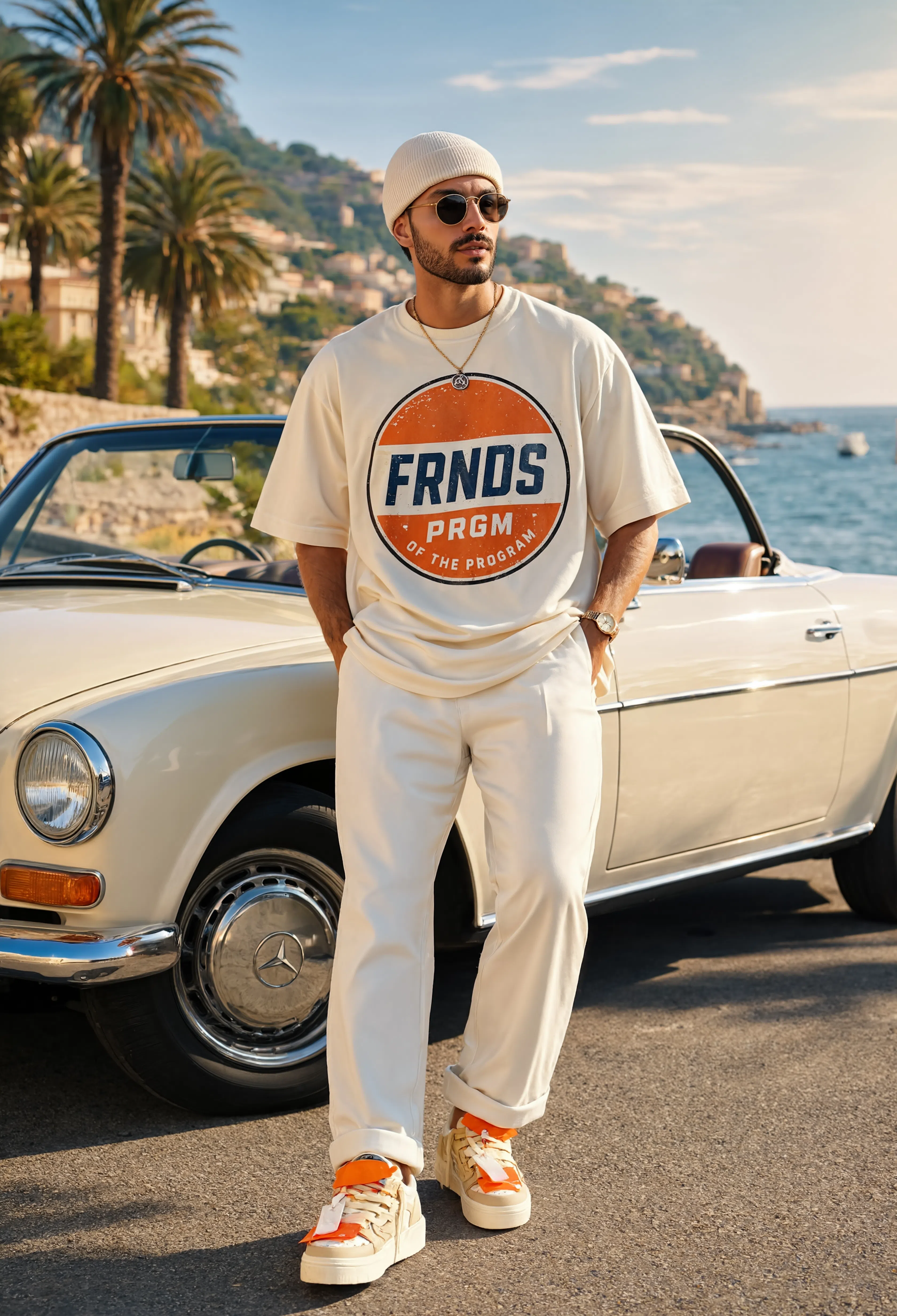 Model wearing cream FRNDS PRGM circle tee near a vintage car on the coast