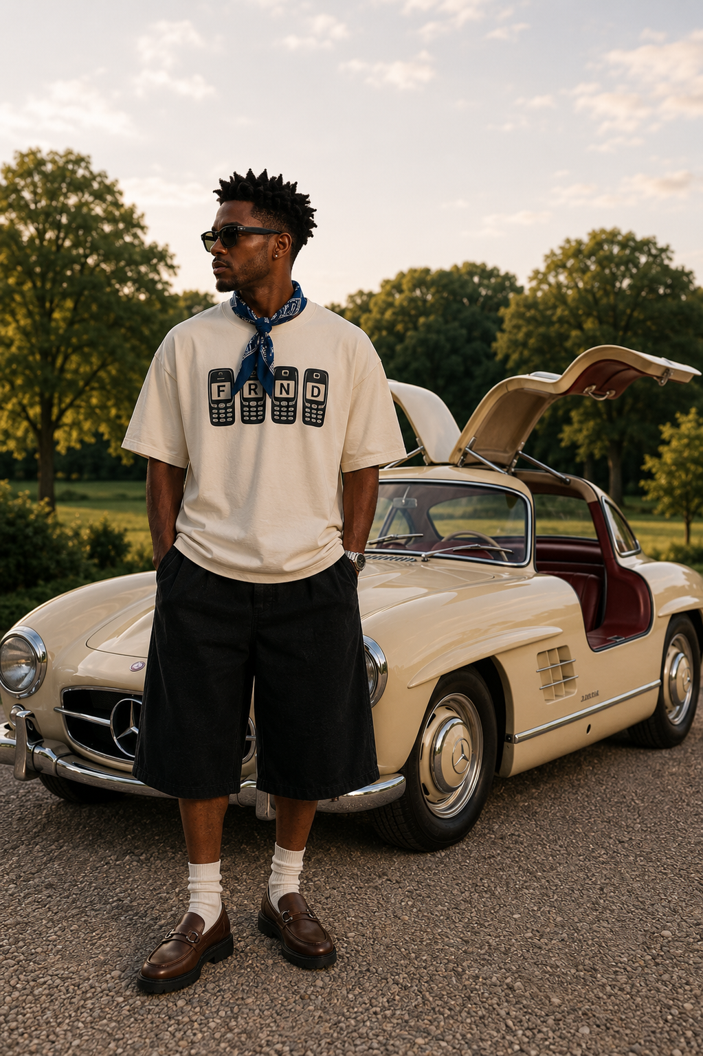 Model wearing the FRND Brick Phone Tee beside a cream Mercedes-Benz
