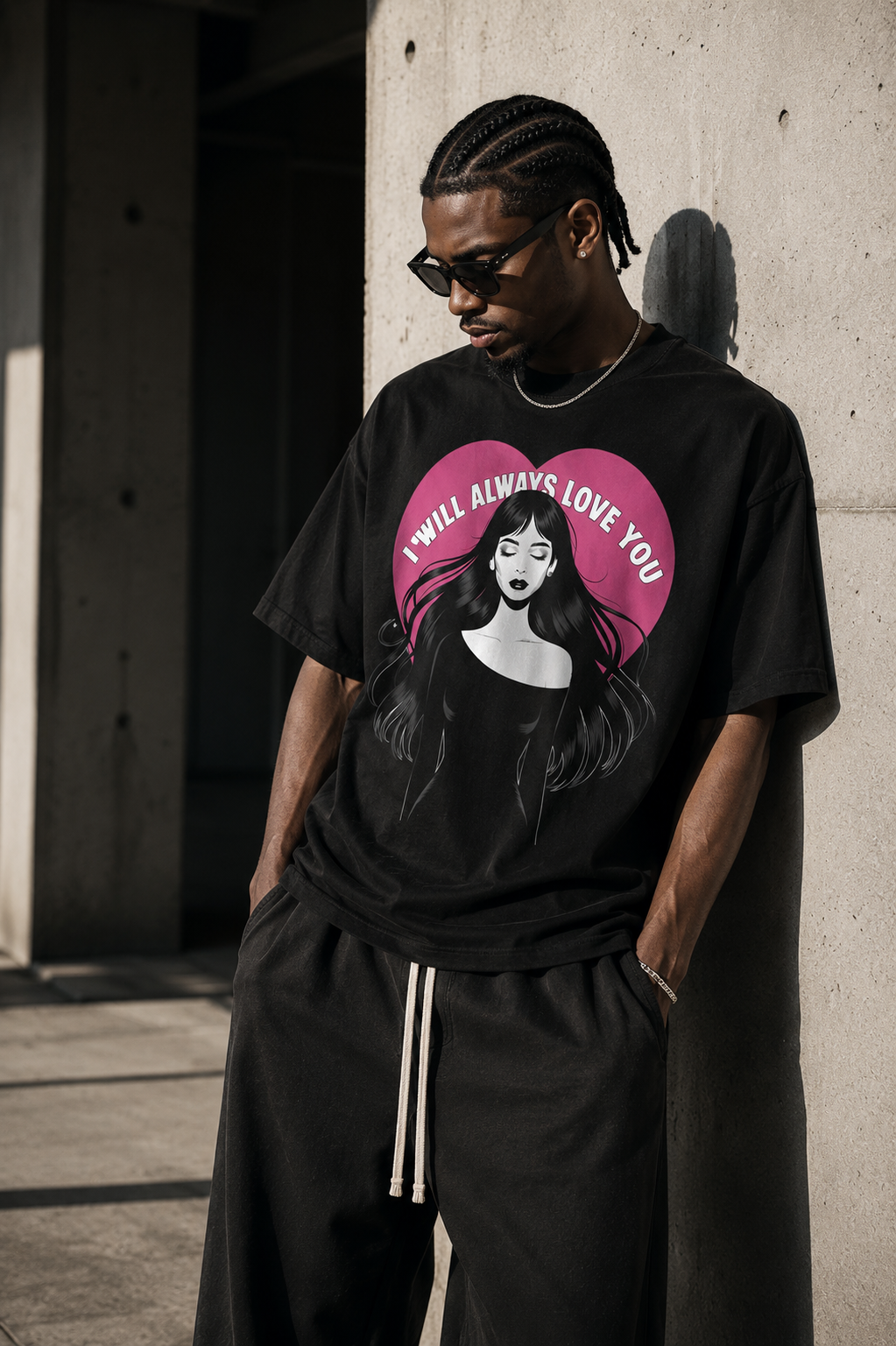 Model wearing the black I Will Always Love U members tee