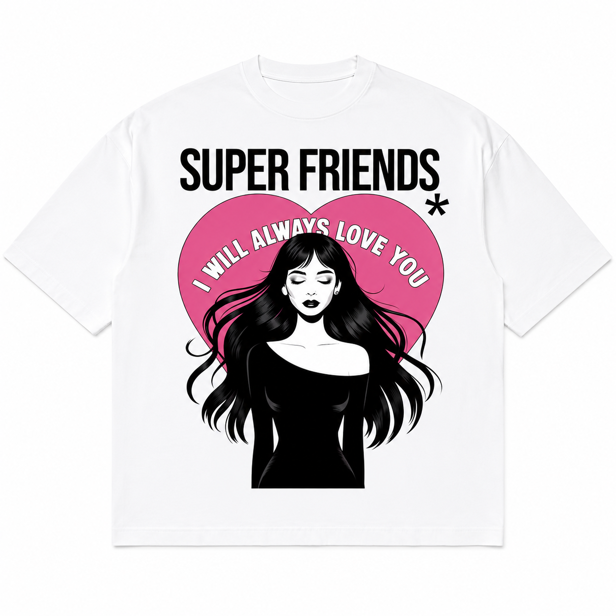 White Super Friends graphic tee flat lay