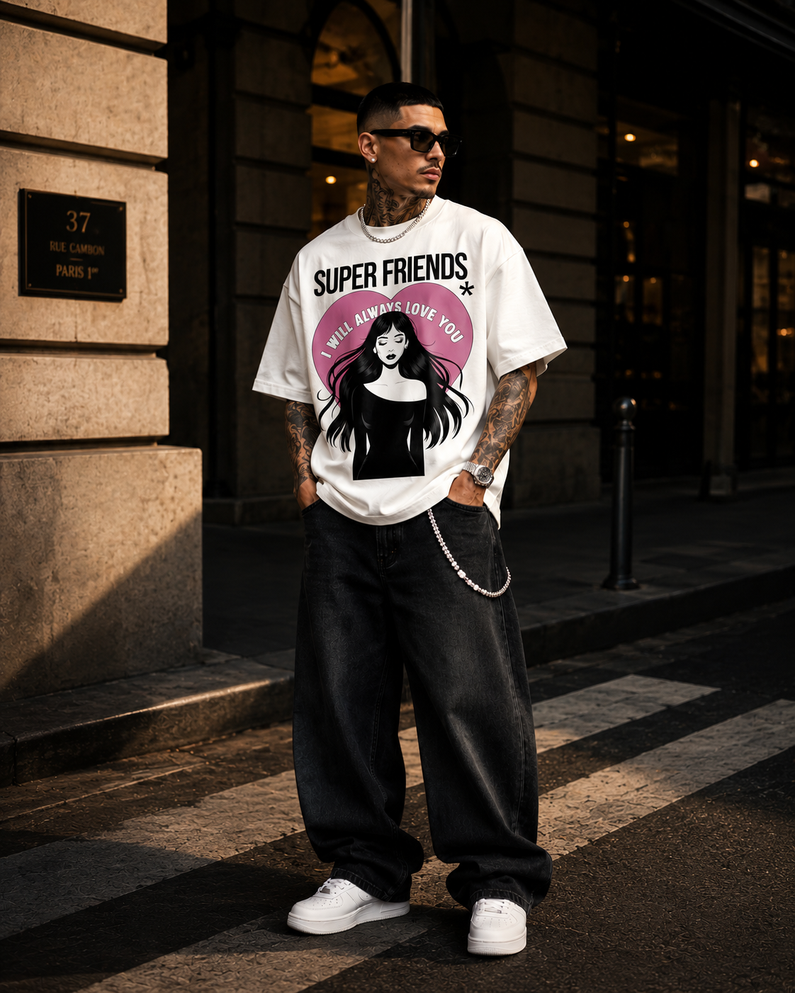 Model wearing the white Super Friends tee in a luxury streetwear editorial