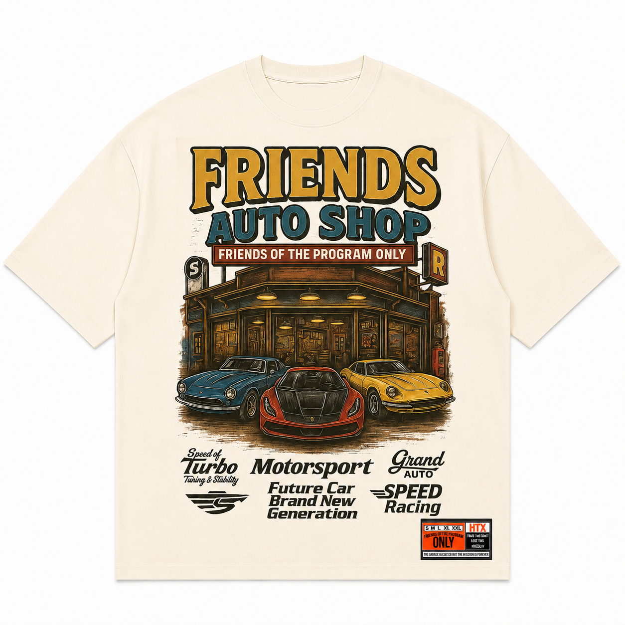 Cream Luxury Tee flat lay with Friends Auto Shop graphic