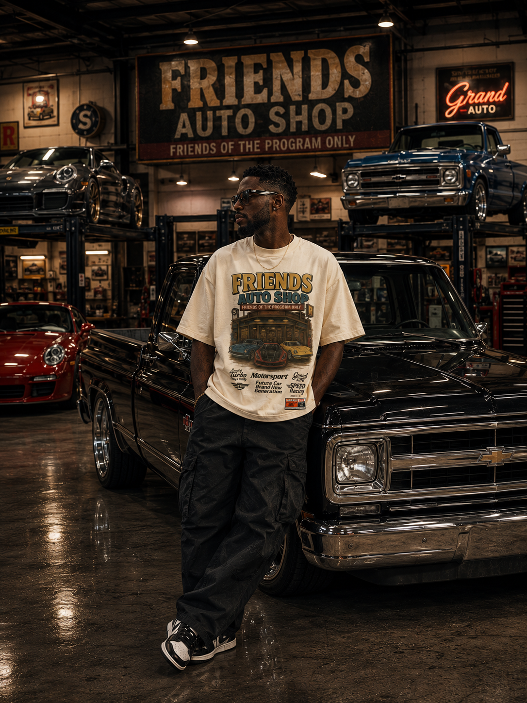 Model wearing the cream Friends Auto Shop tee beside a black truck in a custom garage