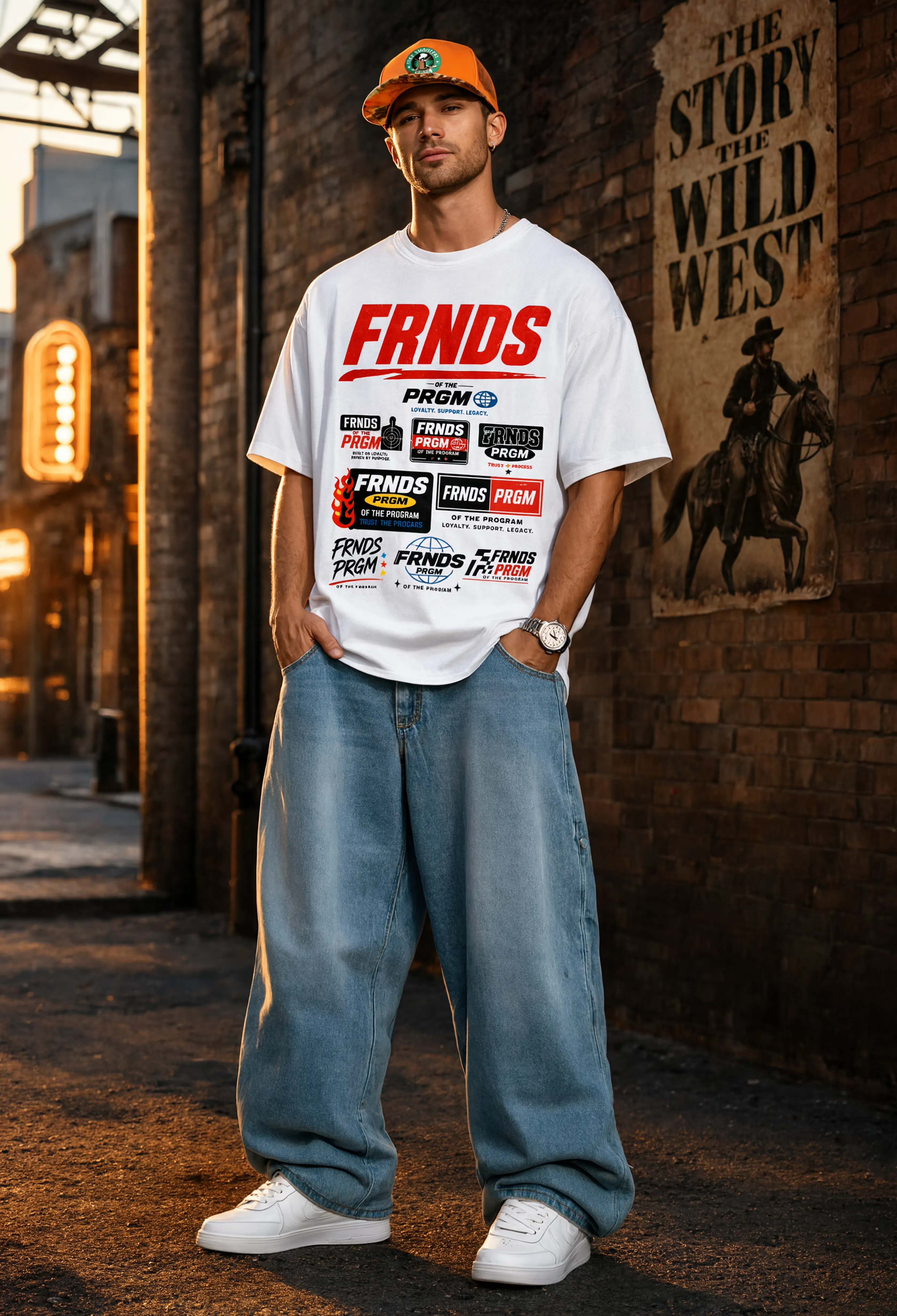 Model wearing the white FRNDS PRGM racing tee and orange hat in an alley