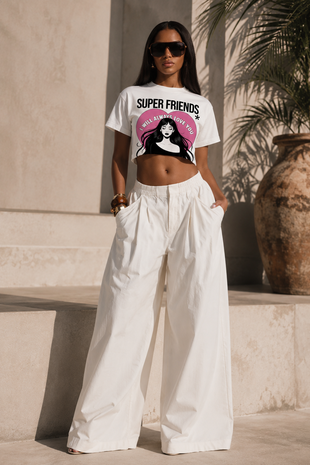 Model wearing the white Super Friends crop top
