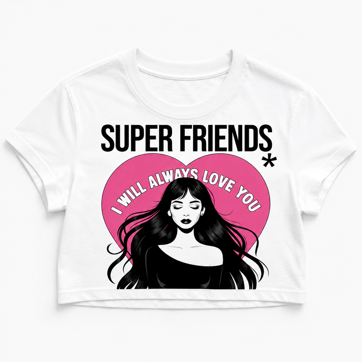 White Super Friends crop top flat lay