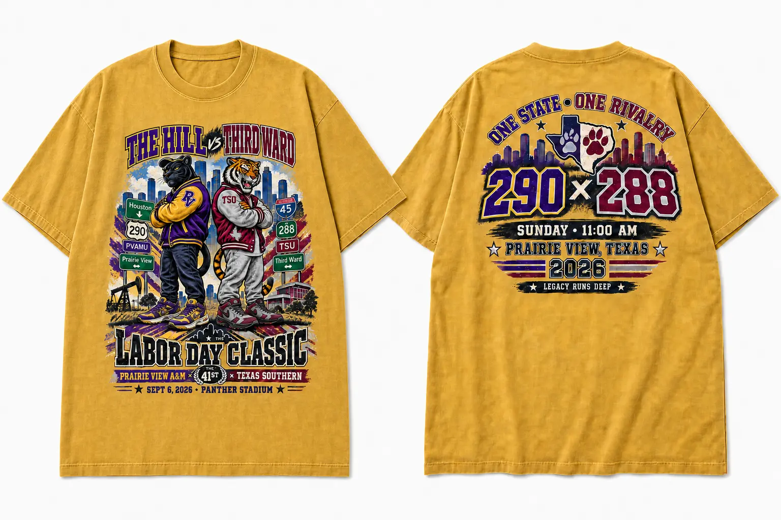 The Hill versus Third Ward washed gold T-shirt, front and back