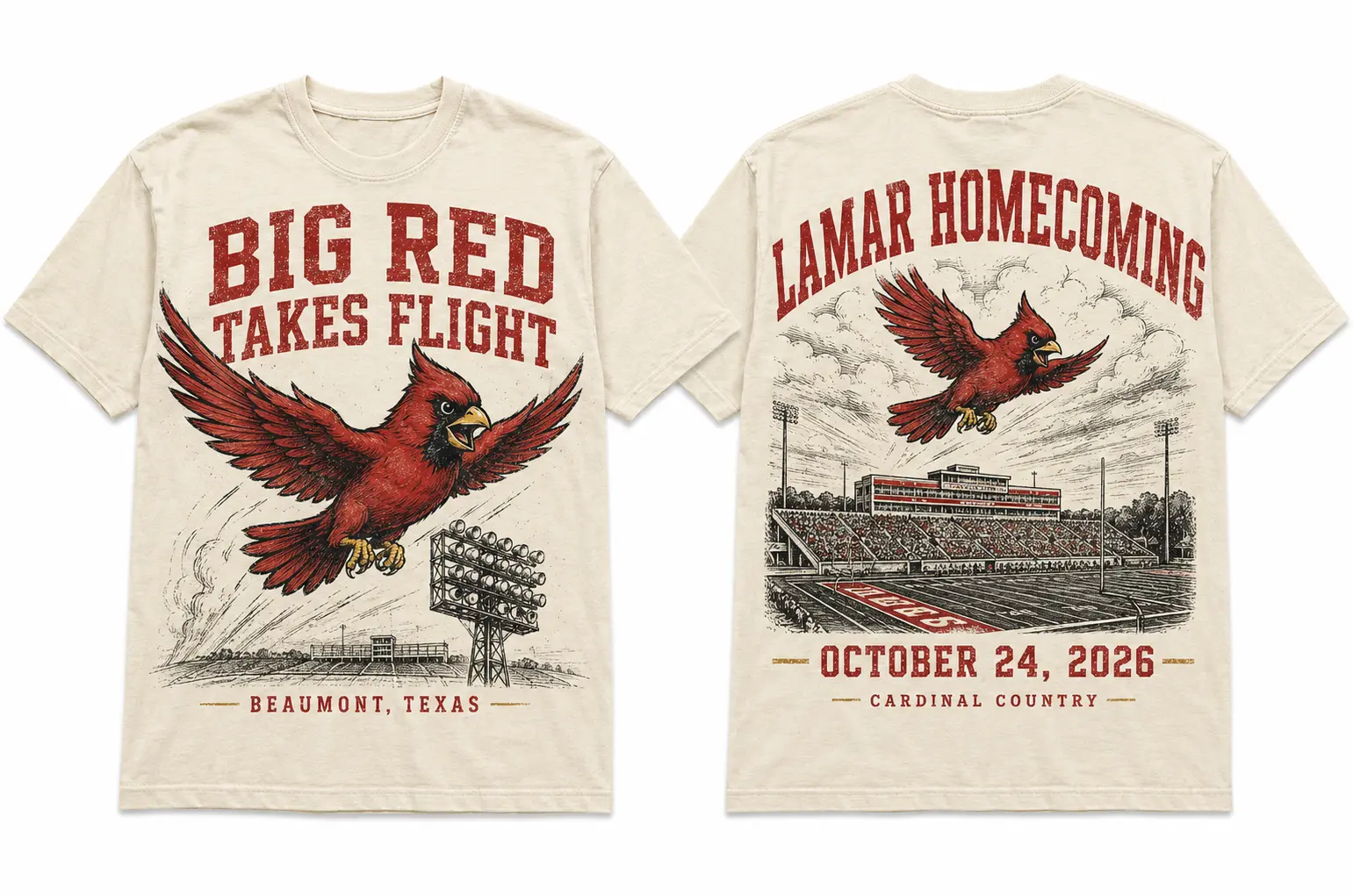 Big Red Takes Flight vintage cream Lamar-inspired Homecoming T-shirt, front and back