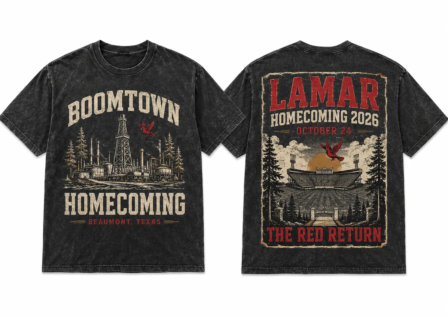 Boomtown Homecoming washed charcoal Lamar-inspired T-shirt, front and back