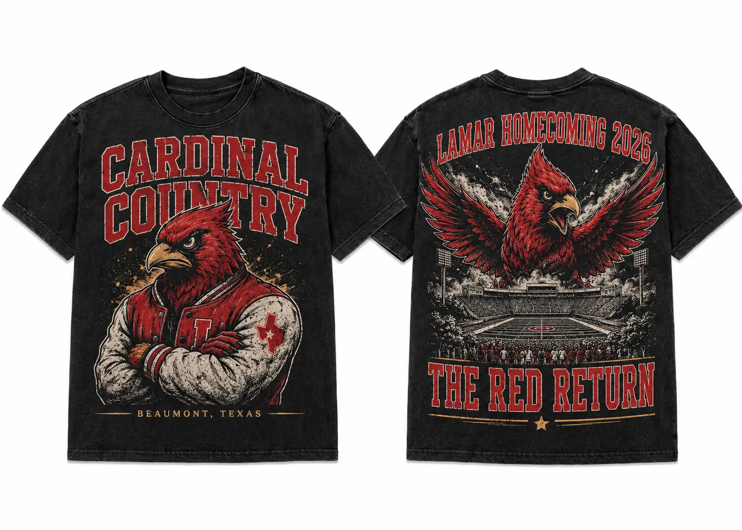 Cardinal Country washed black Lamar-inspired Homecoming T-shirt, front and back