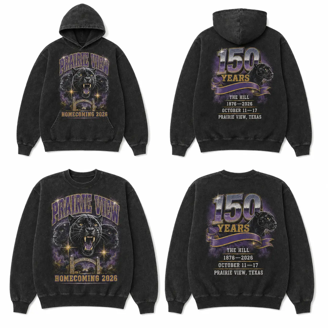 150 Years on the Hill black long sleeve, crewneck and hoodie options