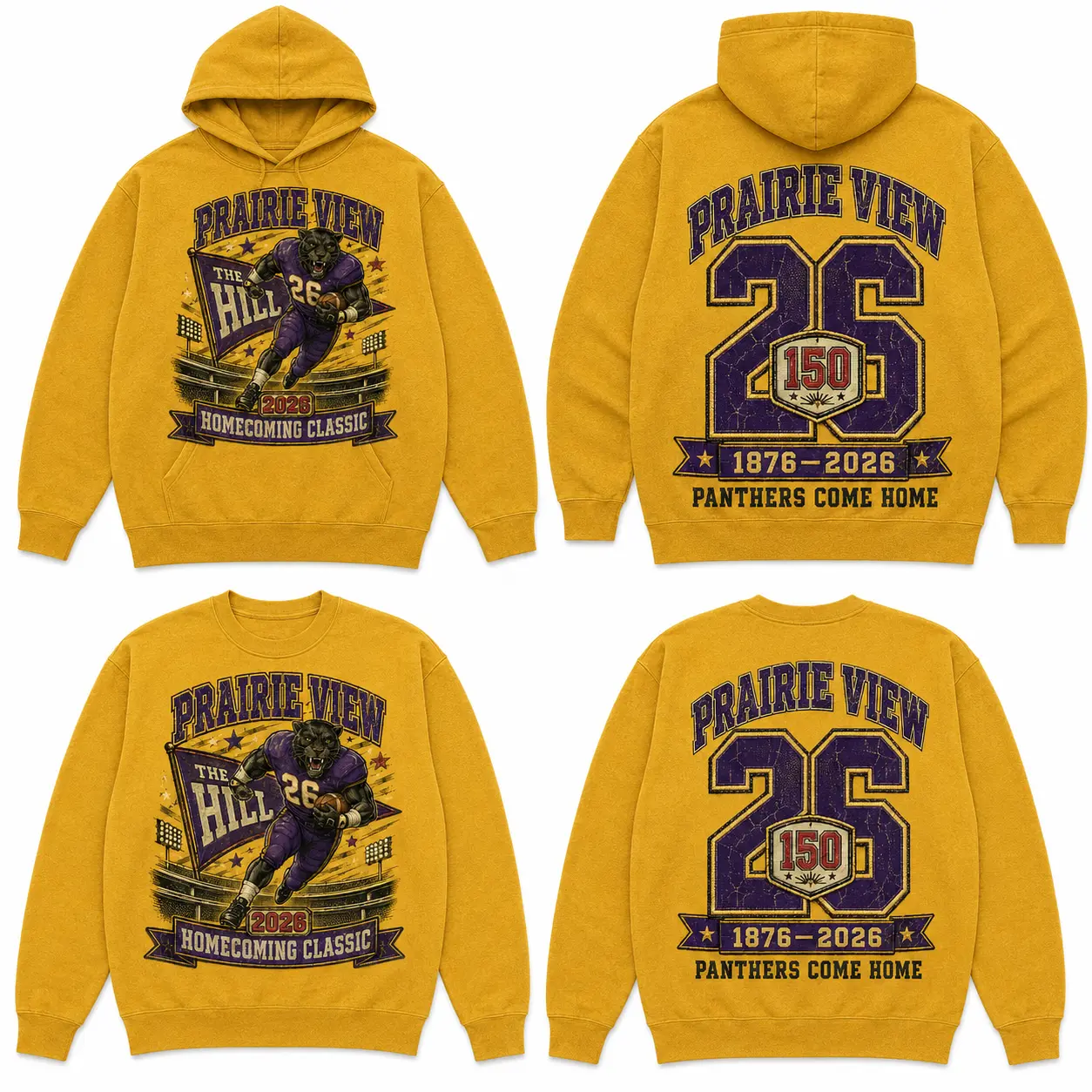Homecoming Classic gold long sleeve, crewneck and hoodie options