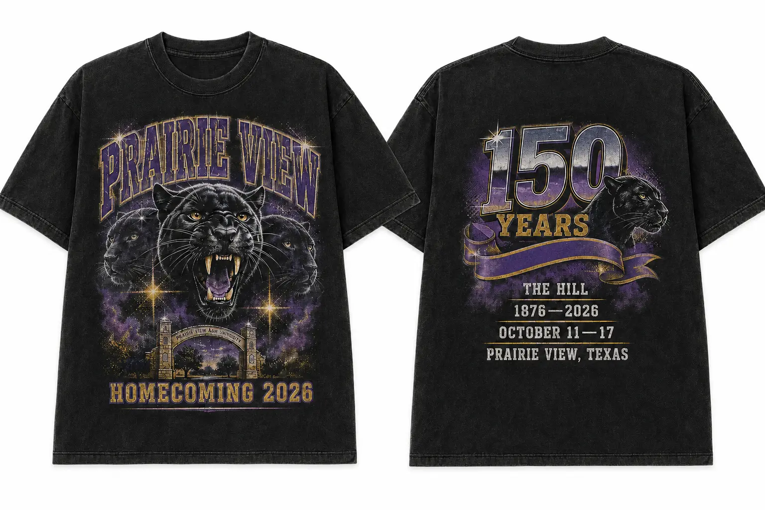 150 Years on the Hill washed black T-shirt, front and back