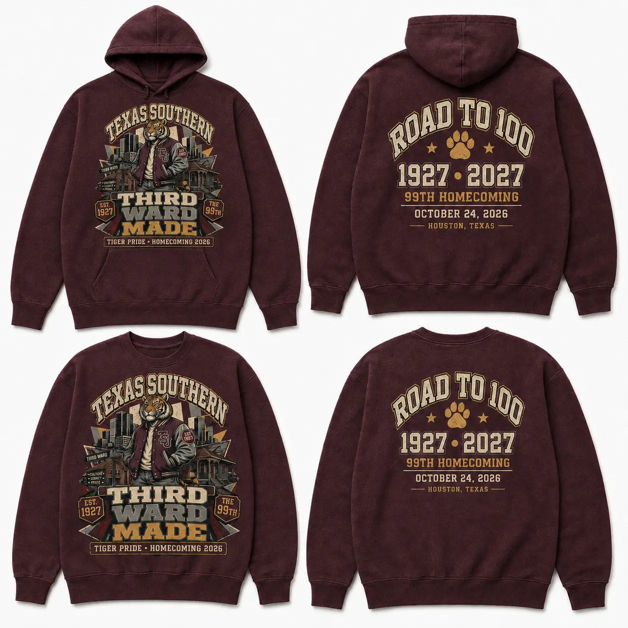 Third Ward Made maroon long sleeve, crewneck and hoodie options
