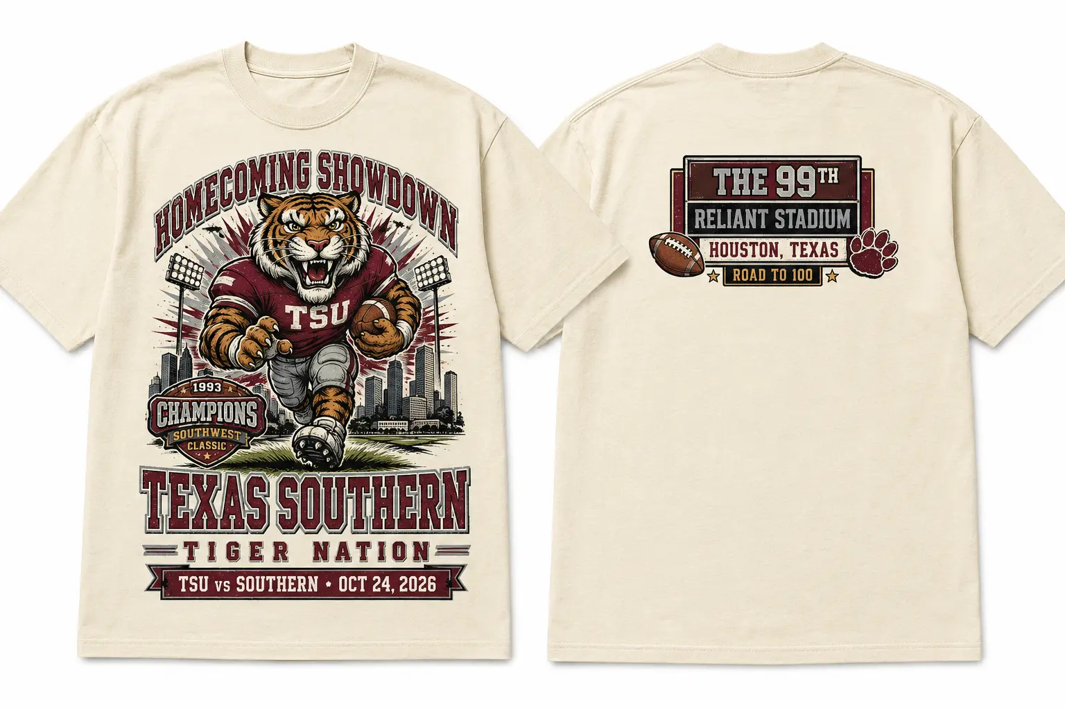 Homecoming Showdown vintage cream T-shirt, front and back