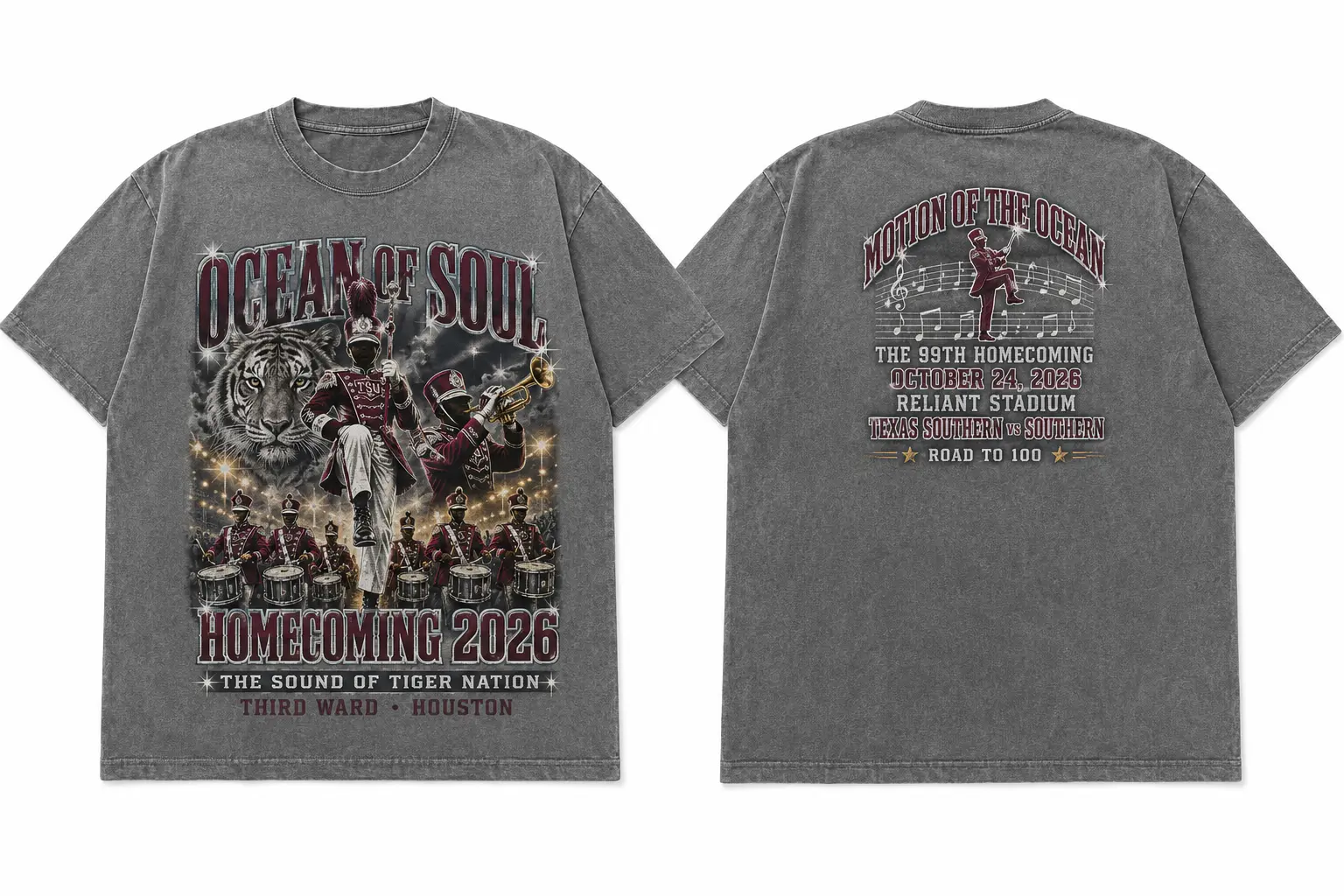 Ocean of Soul charcoal T-shirt, front and back