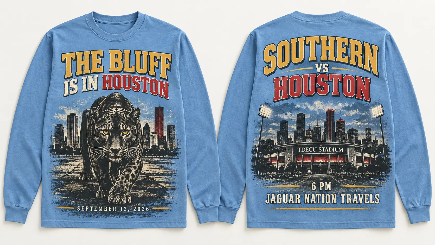The Bluff Is in Houston Columbia blue long-sleeve T-shirt, front and back