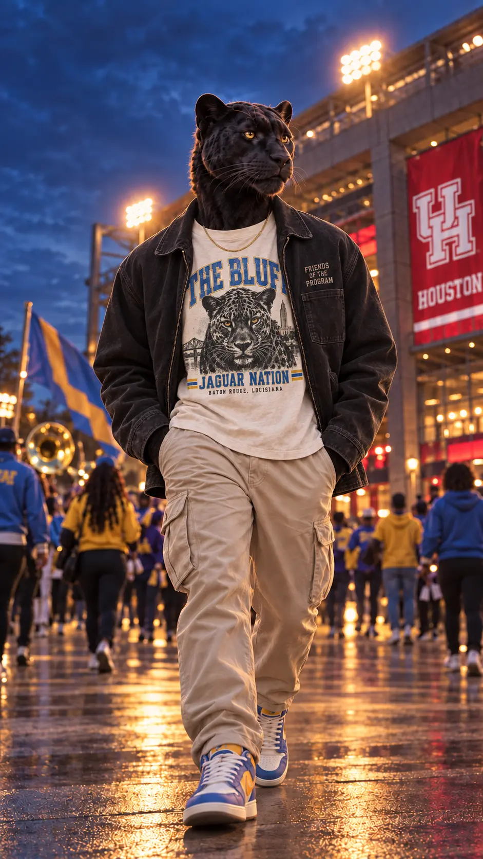 Southern University Jaguar in Friends of the Program apparel arriving in Houston