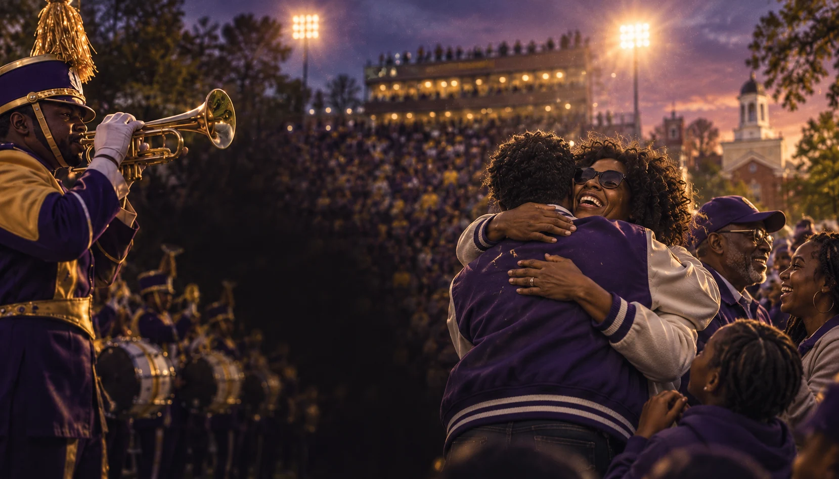 Illustrated Homecoming scene: a brass band and alumni reuniting at dusk