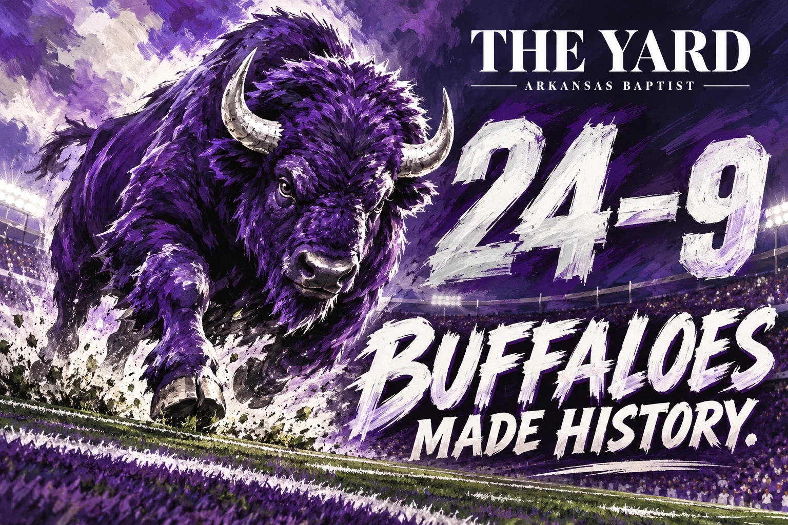 A purple illustrated buffalo charges across a football field beside the 24–9 score.