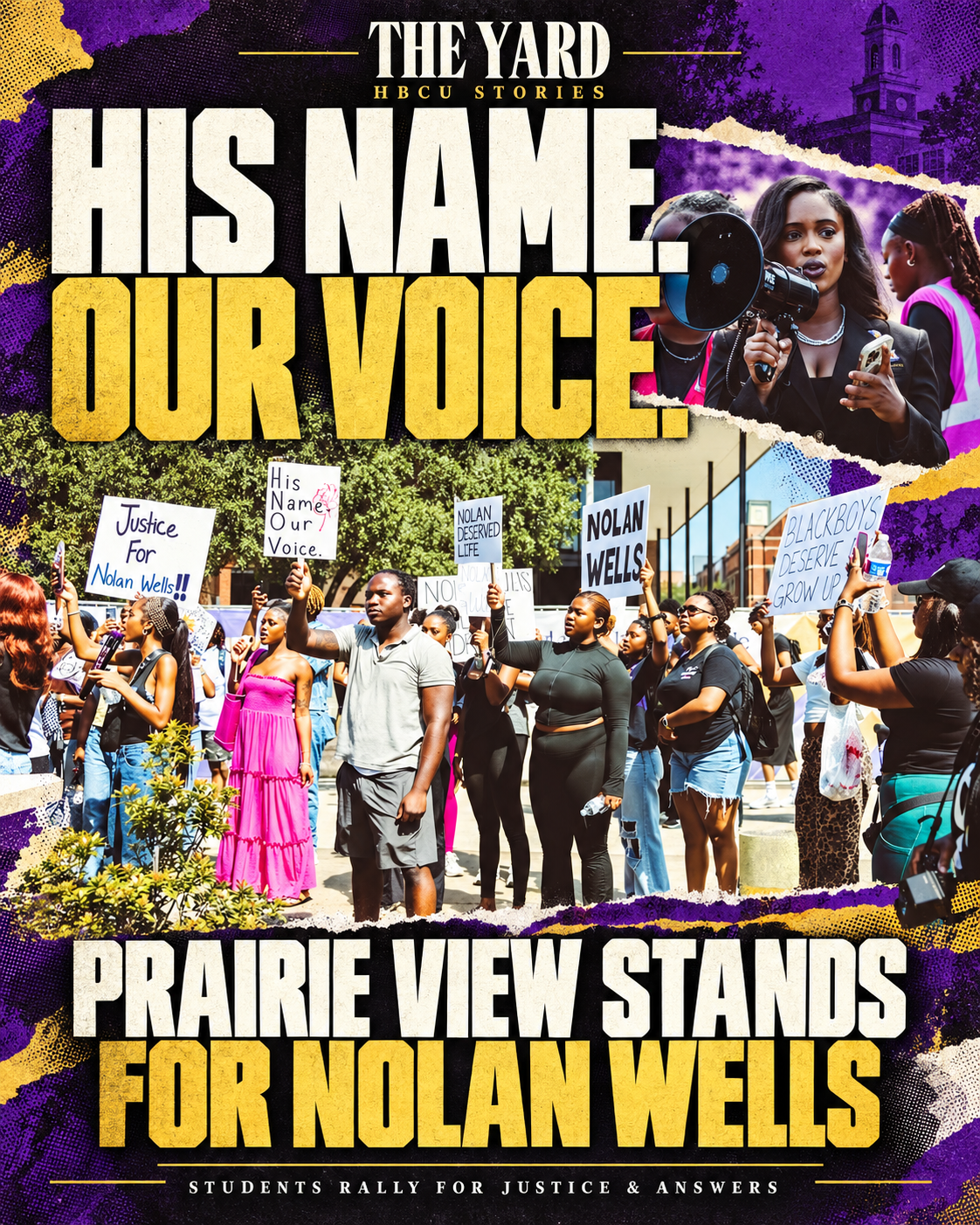 AI-assisted editorial photo illustration in purple and gold, titled His Name. Our Voice: Prairie View stands for Nolan Wells